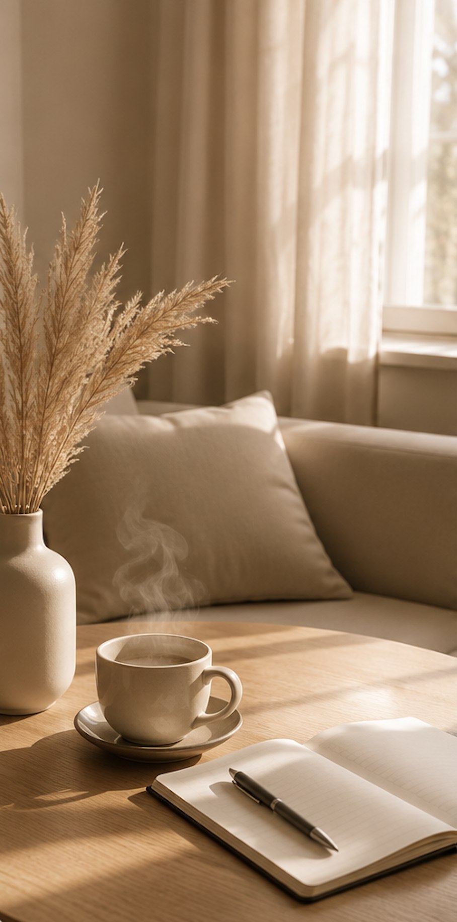 Warm, calm living room setting representing a private psychotherapy session